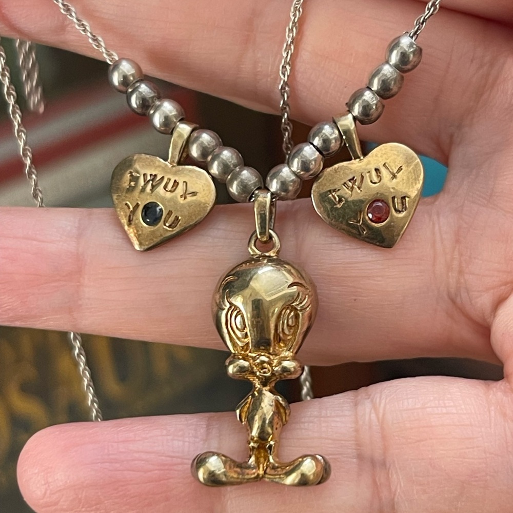 Rare Tweety bird & “TWUV YOU” gold plated sterling silver charm pendant & chain - Picture 6 of 6